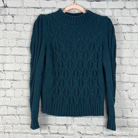 REBECCA TAYLOR Wool Blend Mockneck Cable Knit Sweater Blue* - Picture 4 of 6